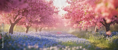 Fototapeta Naklejka Na Ścianę i Meble -  Blossoming cherry trees in spring a serene landscape of pink blooms and blue flowers