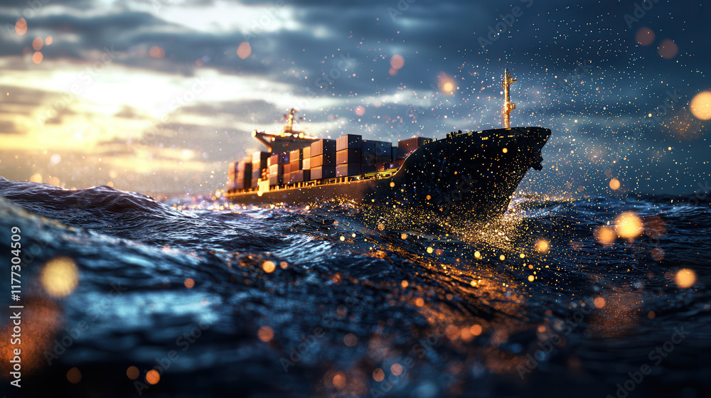 Fototapeta premium Futuristic cargo ship sailing through waves at sunset, showcasing vibrant colors and dynamic water splashes