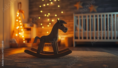 A small wooden rocking horse in a softly lit nursery room photo