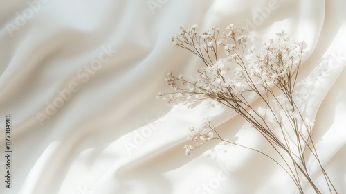 Elegant Neutral Background with Delicate Dried Flowers on Soft Fabric photo