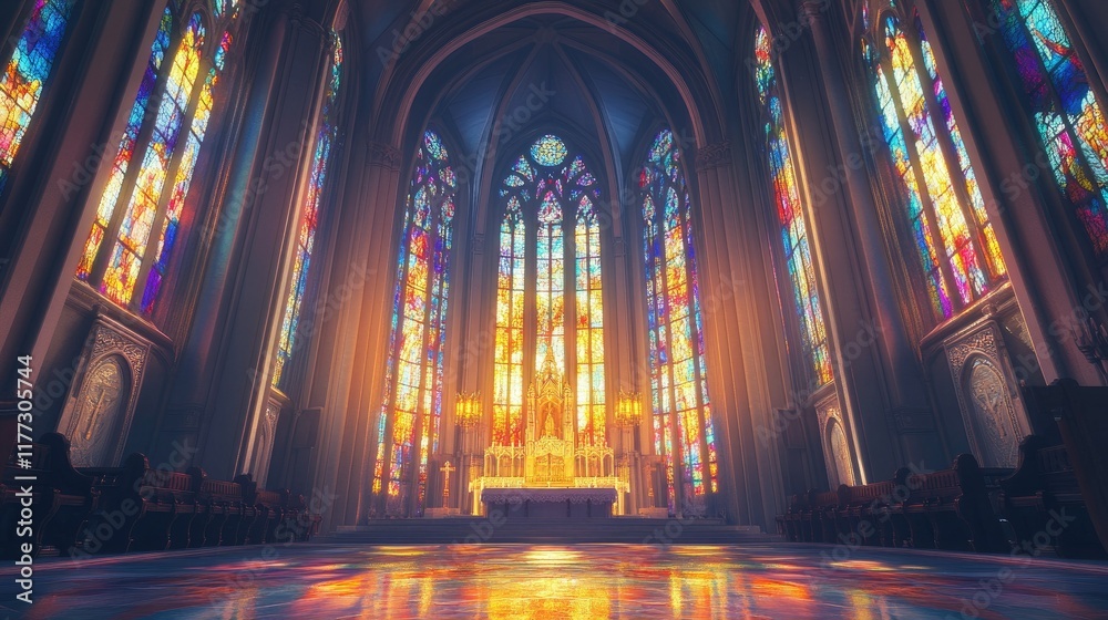 Fototapeta premium Majestic interior of a Roman Catholic church, high altar at the center, surrounded by sacred stained glass art.