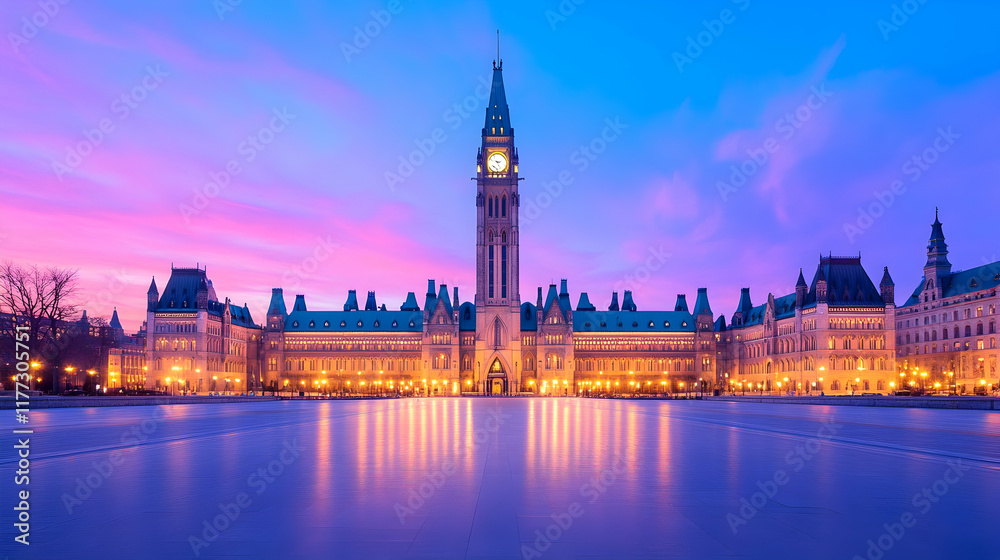 Naklejka premium Illuminated Parliament Hill at twilight, Ottawa, Canada. Perfect for travel brochures and Canadian government websites.