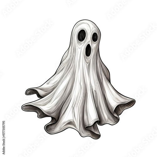 Spooky Ghost Illustration: An eerie and detailed illustration of a classic ghost, perfect for Halloween, haunted house designs, or spooky decorations. photo