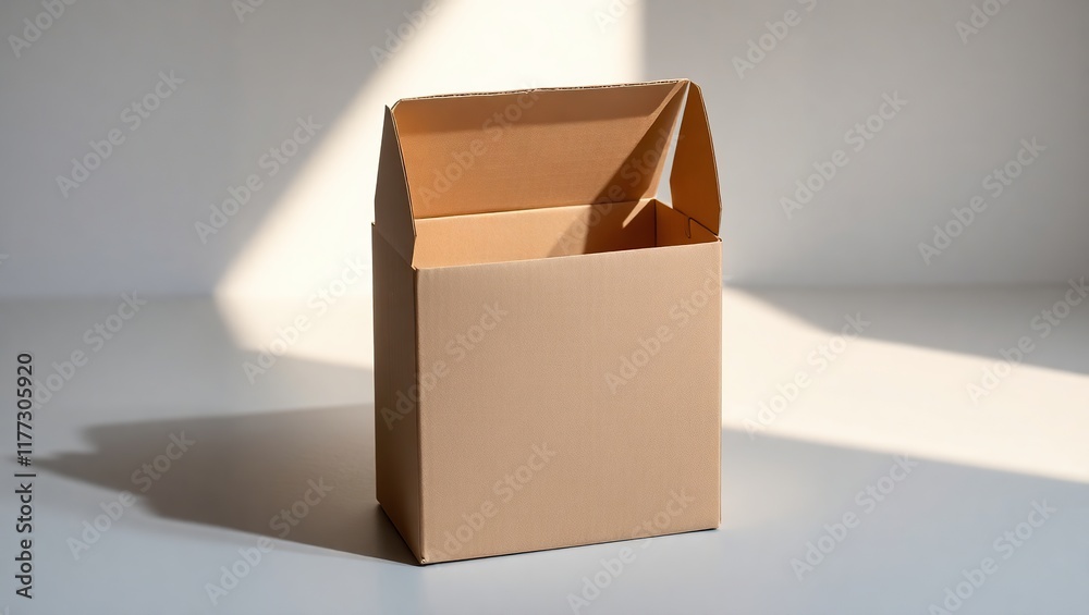 Open Cardboard Box in Sunlight on White Surface Open Cardboard Box in Sunlight on White Surface