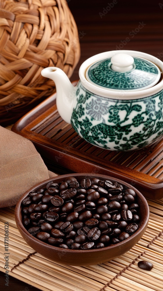 A wooden tray displays an enamel teapot and mug alongside a bowl of coffee beans, set against a bamboo backdrop A wooden tray displays an enamel teapot and mug alongside a bowl of coffee beans, set against a bamboo backdrop