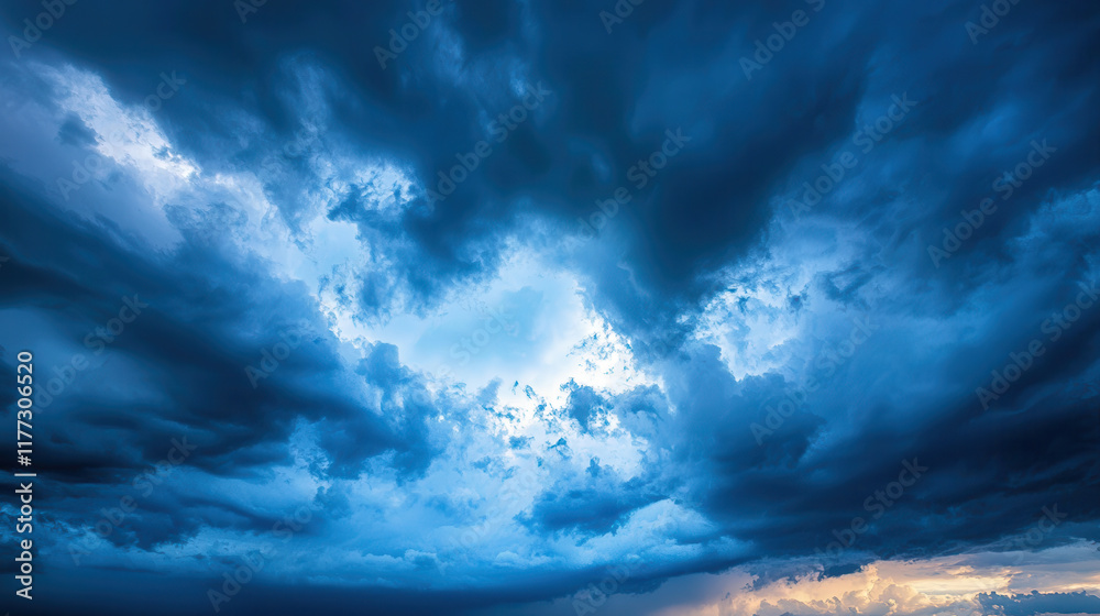 Obraz premium Dramatic storm clouds gather in vibrant blue sky, creating captivating atmosphere
