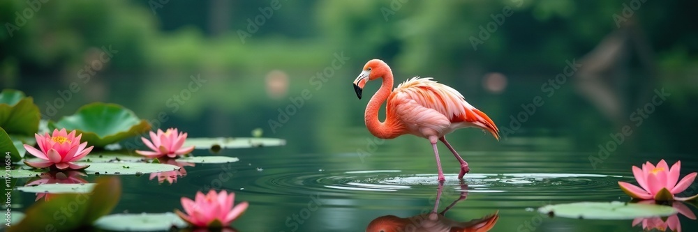 Flamingo wading through shallow water with water lilies and lotus flowers, lake scenery, water garden scenery, pink flamingo Flamingo wading through shallow water with water lilies and lotus flowers, lake scenery, water garden scenery, pink flamingo