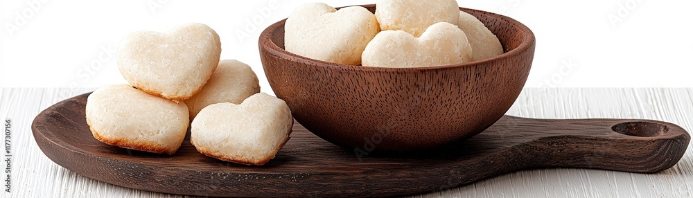Heart-Shaped White Cookies in Wooden Bowl on Rustic Serving Board for Sweet Treats Display