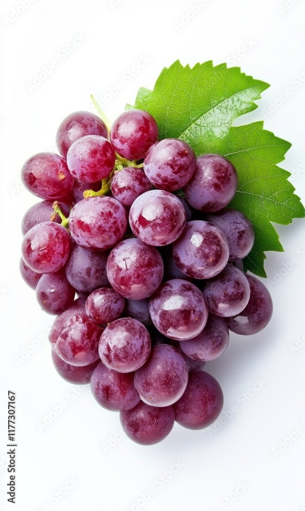 Fototapeta premium Red Grapes with Leaves on White Background. Close-up of Vibrant Cluster and Green Foliage.
