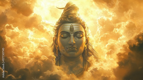 Majestic Lord Shiva's face emerges from celestial clouds, bathed in soft golden light, with a serene, divine expression. photo