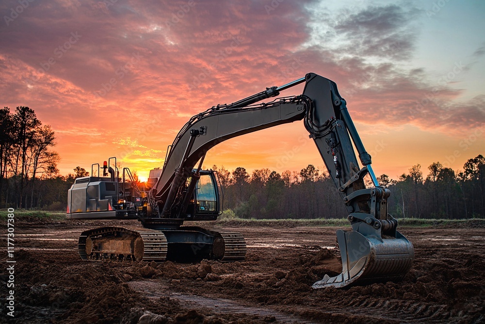 Excavator working at sunset in a serene construction site landscape Excavator working at sunset in a serene construction site landscape