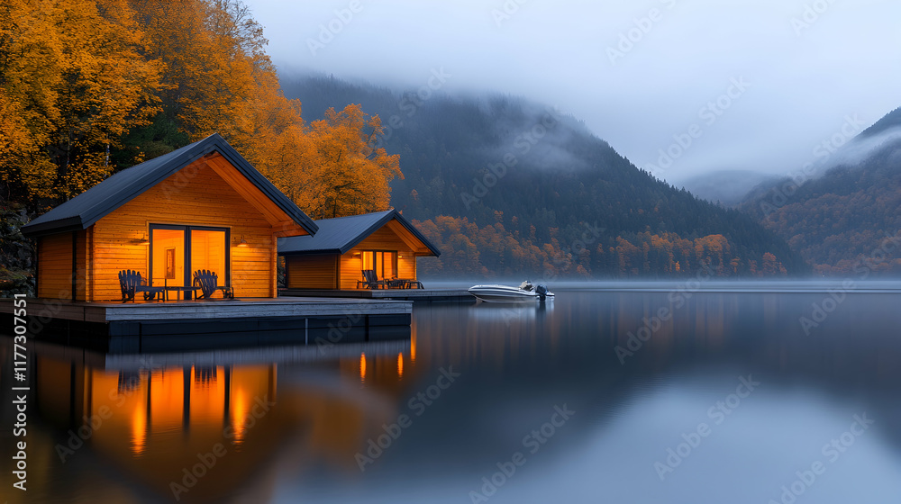 Fototapeta premium Lakeside cabins glow at dusk, nestled in autumnal mountains; tranquil getaway.