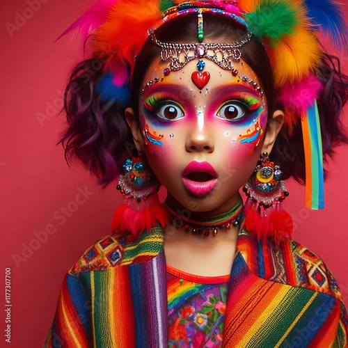 120 Child non binary Hispanic descent surprised expression weari photo