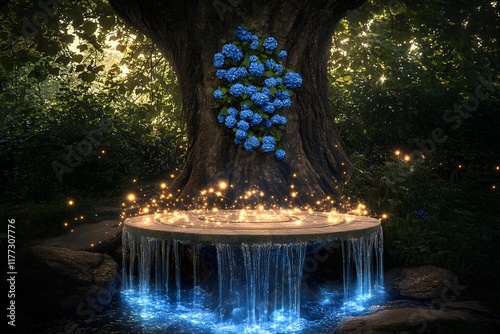 A large tree with blue flowers in the center of an enchanted forest. Water flows from it, and glowing fireflies flutter around it. Atop its trunk sits a circular stone table photo