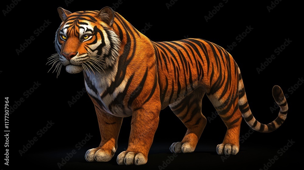 Obraz premium Majestic tiger with vibrant orange-black stripes, piercing eyes glowing on a pure black backdrop, emphasizing its power.