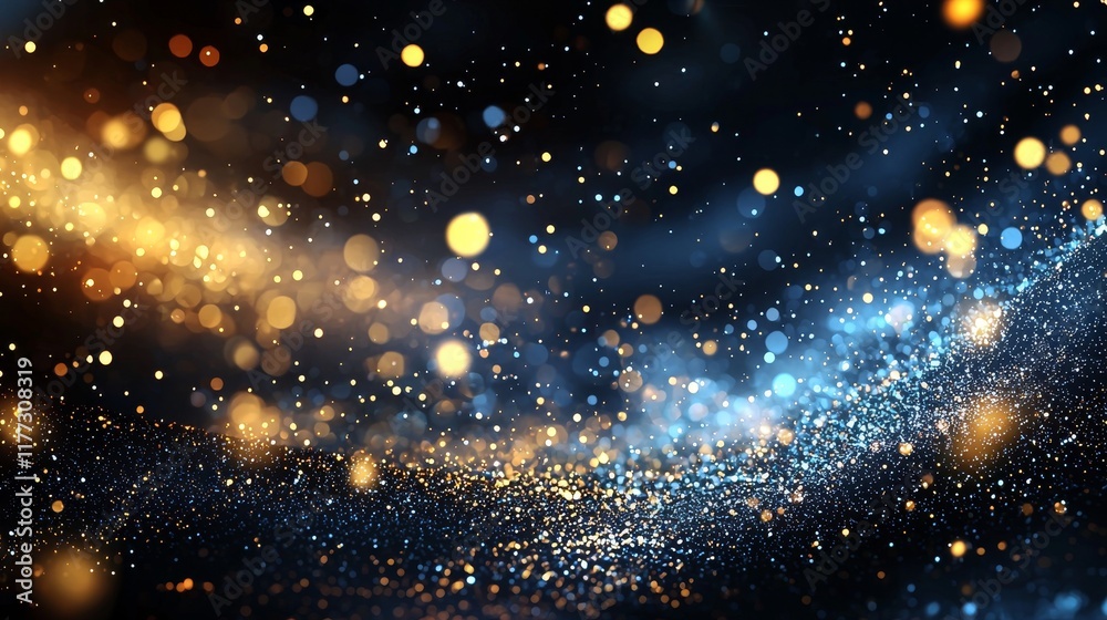 Fototapeta premium Abstract grunge background with defocused gold glitter sparkles, blending into a dreamy night scene, Main Keyword: Abstract night scene, Concept: Urban fantasy