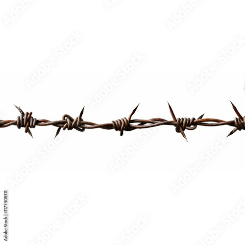 Barbed Wire: A close-up of rusted barbed wire, its sharp points creating a menacing barrier, evokes feelings of danger, restriction, and confinement. photo