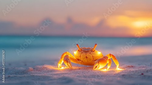 Luminous crab on tropical beach at sunset, ocean background; ideal for travel, nature, or fantasy themes. photo