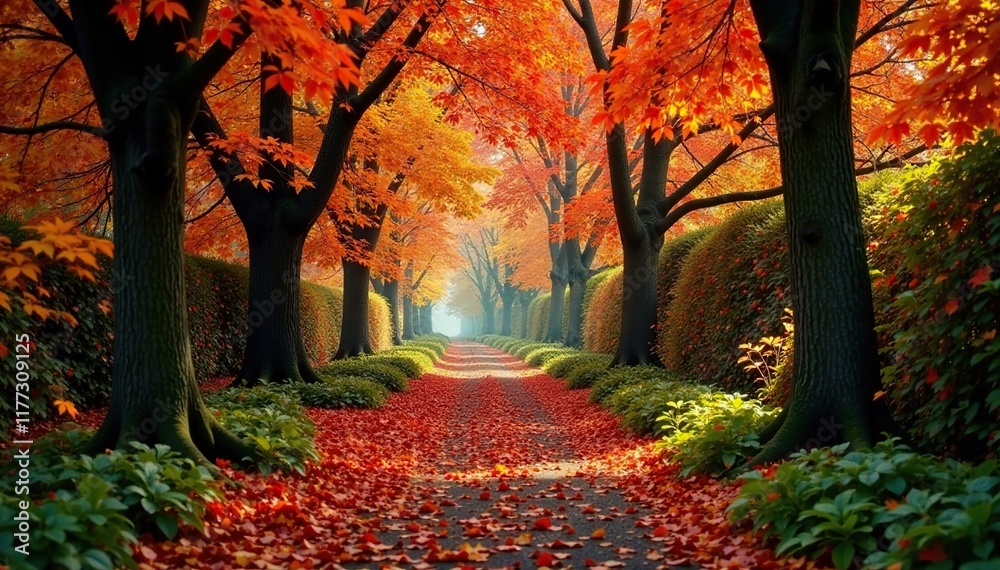 Naklejka premium Dense foliage of deciduous trees along a winding bush corridor in autumn, foliage, autumn leaves