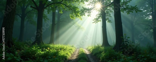 Dense fog wraps forest canopy, sunlight breaks through gaps, greenery, natural light photo