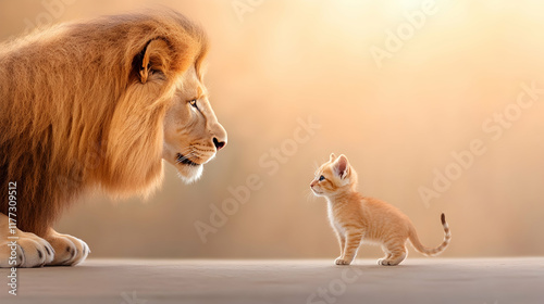 Majestic lion and tiny kitten facing each other, sunset background; perfect for concepts of size difference, courage, mentorship, or wildlife.