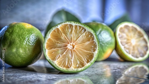 Juicy limequat segments, meticulously chopped, star in this close-up food photograph, set against a pure white. photo