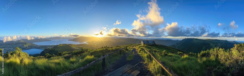 Panoramic shot of the beautiful landscape with a blue sky dotted with clouds and sun rays shining through them Panoramic shot of the beautiful landscape with a blue sky dotted with clouds and sun rays shining through them