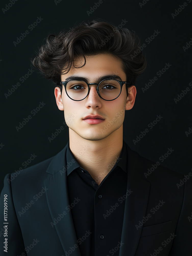 Stylish Young Man Wearing Glasses and Black Suit Against Dark Background Stylish Young Man Wearing Glasses and Black Suit Against Dark Background