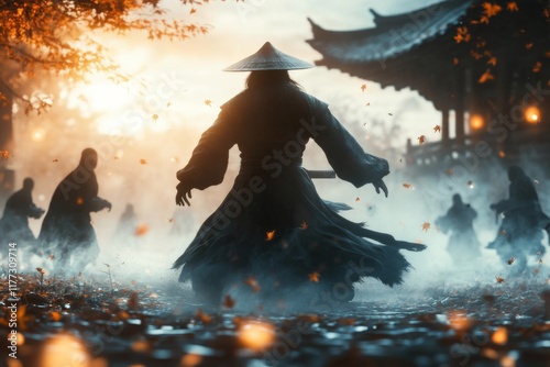 A haunting depiction of a kung fu master fighting off ghostly figures in a desolate, moonlit forest