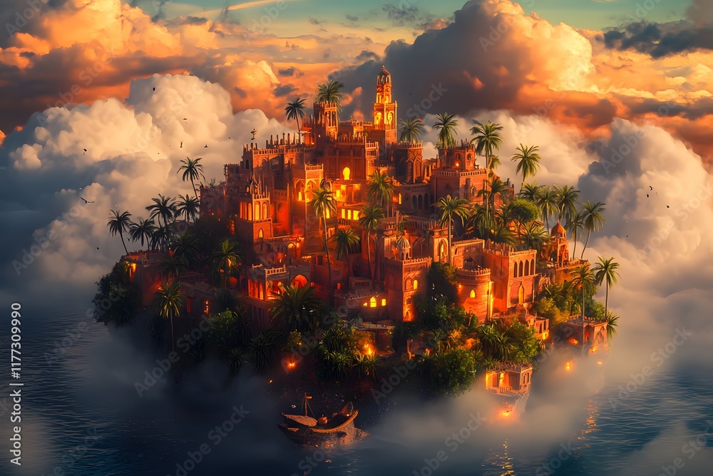 Fototapeta premium An island with a pirate shipwreck, surrounded by sea and clouds, in the center of which is an ancient Arabic city made up of red brick houses.
