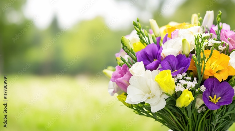 Vibrant bouquet of colorful flowers in a sunny outdoor setting with blurred background