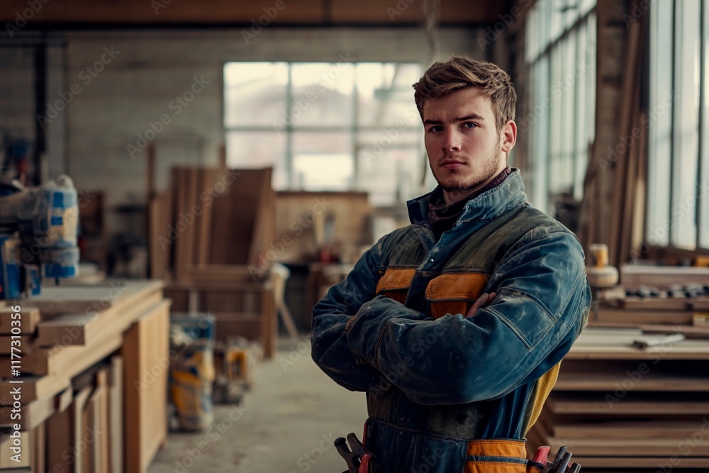 Obraz premium Skilled carpenter stands confidently in workshop surrounded by wood materials and tools