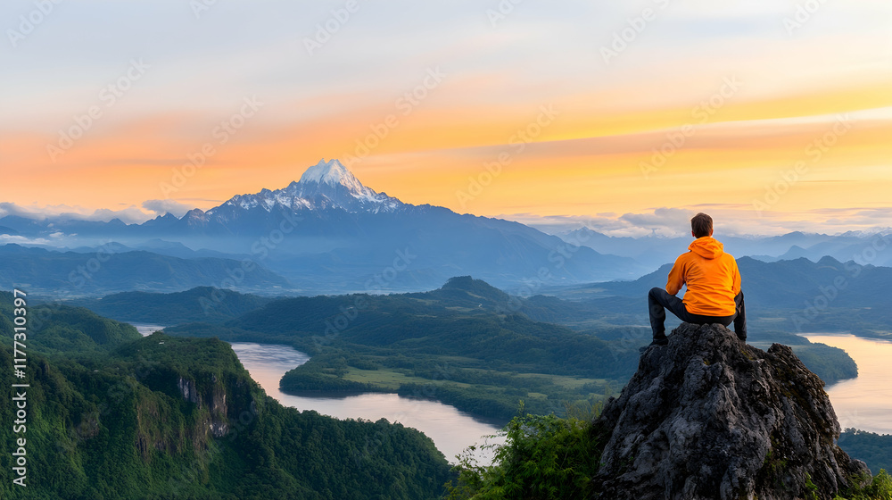 Man Contemplating Sunrise Mountain View. Man Contemplating Sunrise Mountain View.