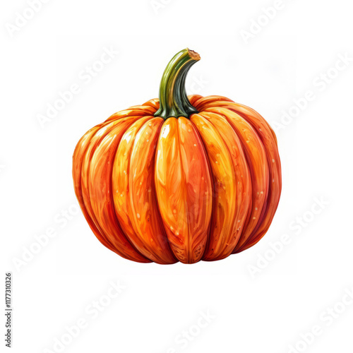 Autumn Harvest: A vibrant, detailed illustration of a plump pumpkin, showcasing its rich orange hue and ribbed texture. Perfect for autumnal designs and Thanksgiving themes.  photo