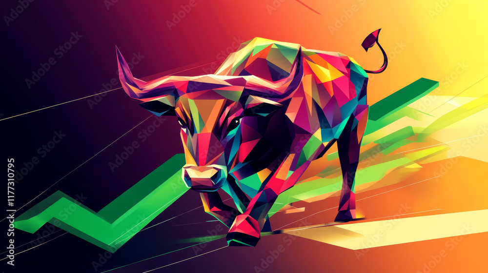 Obraz premium geometric bull in vibrant colors charging through dynamic background, symbolizing strength and growth. This artwork captures essence of energy and movement