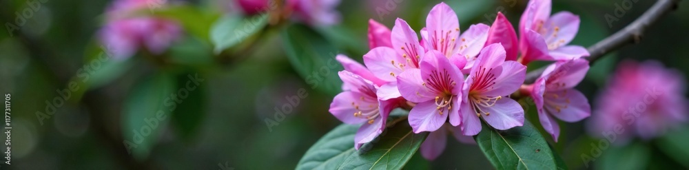 Clusters of small purple and pink flowers on a Rhododendron branch, botanical, nature, flowers Clusters of small purple and pink flowers on a Rhododendron branch, botanical, nature, flowers