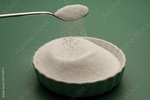 , Deutschland, 06.01.2025,  Ein Löffel mit rieselndem Erythrit über einer weißen Schale auf grünem Hintergrund. Darstellung einer natürlichen Zuckeralternative für bewusste Ernährung.