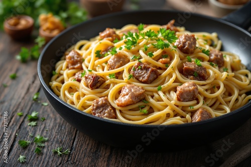 Pasta with tender meat cubes, garnished with parsley, served in abowl on a wooden surface. Warm natural lighting. Concept of comfort food. Ai generative photo