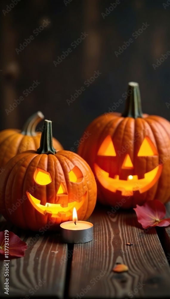 Obraz premium Carved pumpkins with candles lit on a wooden table, fall, autumn