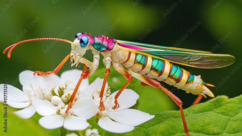 custom made wallpaper toronto digitalA macro shot of a colorful insect on a white flower, with vibrant green leaves creating a stunning contrast in the composition.