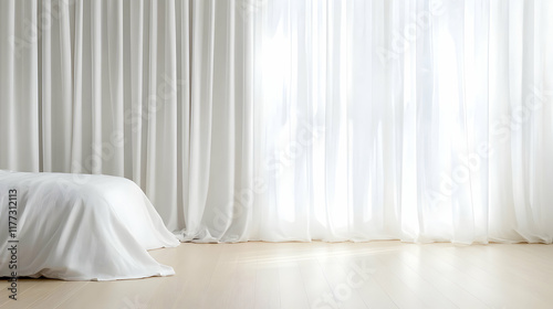 Minimalist bedroom interior, sunlight through sheer curtains, light wood floor, unmade bed, peaceful morning scene, ideal for home decor websites.