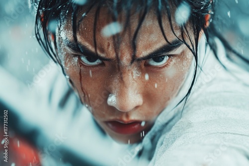 A hyper-realistic close-up of a kung fu master face, showing sweat, determination, and intense focus during combat