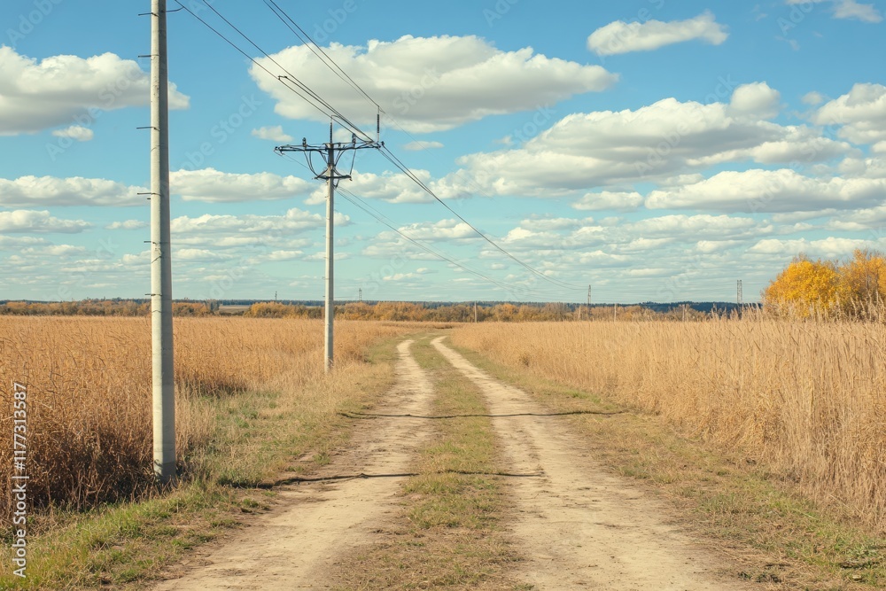 Serene Dirt Road Through Golden Fields Under Blue Sky with Fluffy Clouds Serene Dirt Road Through Golden Fields Under Blue Sky with Fluffy Clouds