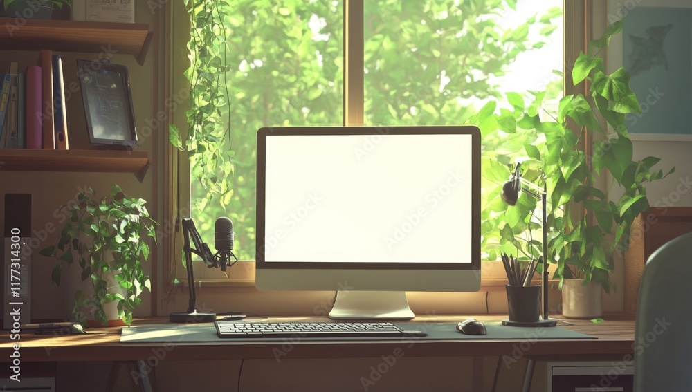 Modern home office with computer, blank screen for mockups, sunlight through plants, and microphone on shelf fostering tranquility and productivity Modern home office with computer, blank screen for mockups, sunlight through plants, and microphone on shelf fostering tranquility and productivity