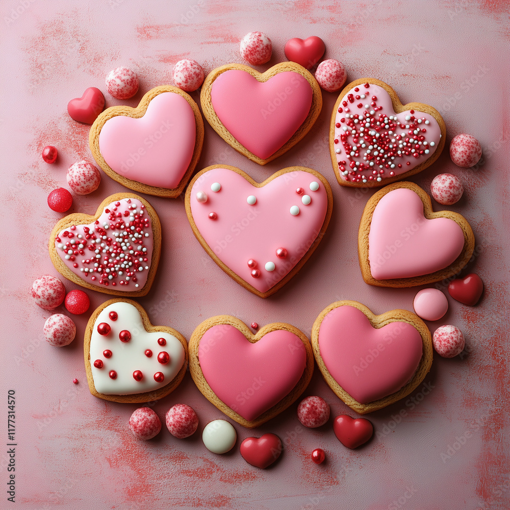 Fototapeta premium A whimsical flat lay of heart-shaped cookies and candies arranged in a circular pattern, vibrant pink and red tones with sprinkles for a fun and playful Valentine’s Day feel