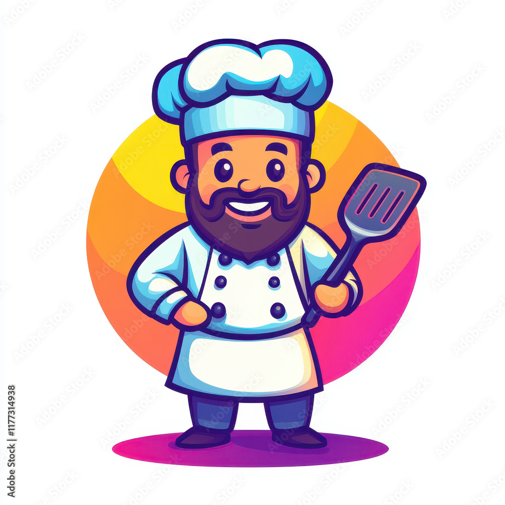 cheerful cartoon chef with spatula, wearing white uniform and blue hat, stands confidently cheerful cartoon chef with spatula, wearing white uniform and blue hat, stands confidently