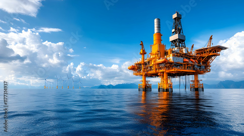 Offshore oil rig platform in ocean, wind turbines in background; energy industry, renewable energy transition.