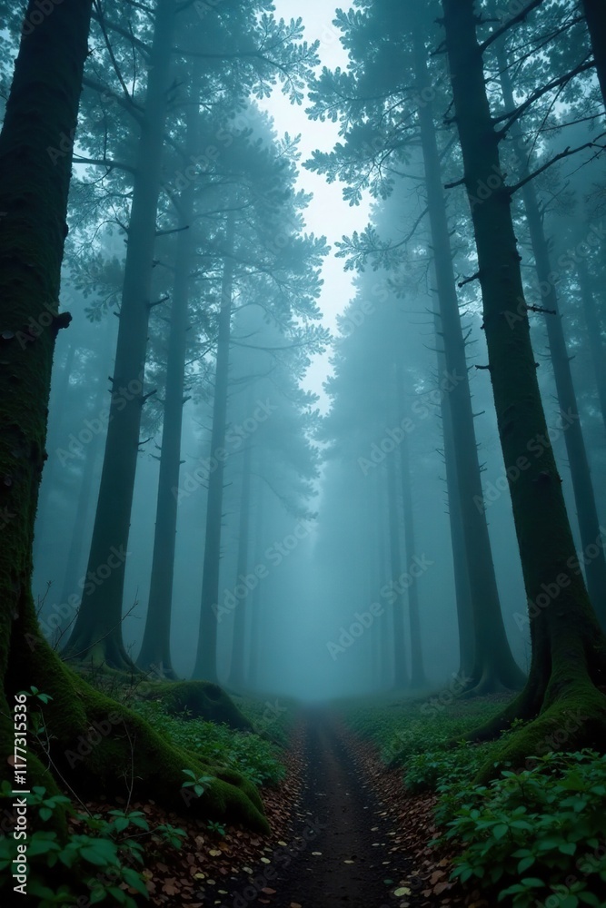 Fototapeta premium A blanket of fog envelops a forest, shrouding it in mystery, veiled woods, misty atmosphere, secret forest