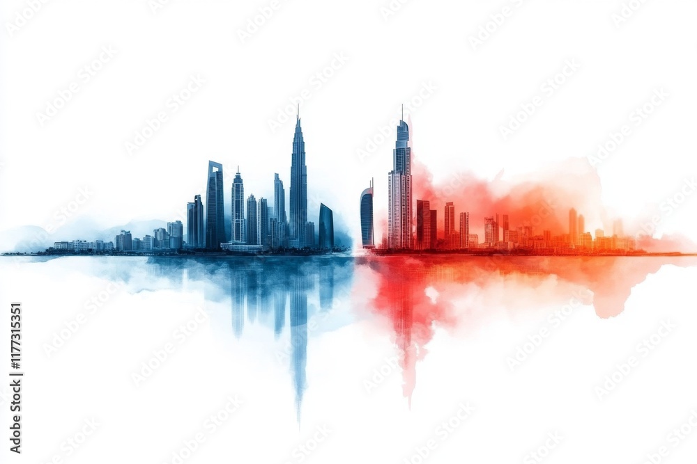 Naklejka premium A flat 2D illustration of the Dubai Frame, with one side depicting the city historical past and the other its modern skyline on a clean white canvas