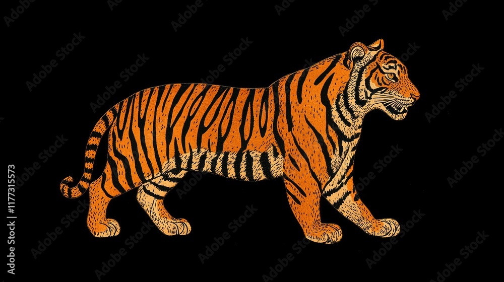Obraz premium Regal tiger set against a pitch-black canvas, emphasizing the bold contrast of its orange coat and dark stripes.